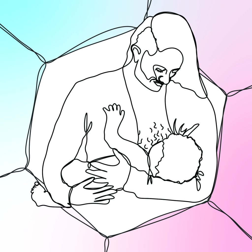 Link zu Eltern wider das Cistem.
Zeichnung aus einem Strich. Sie zeigt eine stillende Person von Kopf bis Rumpf von vorne. Die Person hält den Kopf gebeugt und lächelt den Säugling an. Die Person hat lange Haare und die linke Seite des Kopfes rasiert. Dazu hat sie entweder einen Bart oder Bartschatten. Die Person hat Haare auf der Brust. Die Person befindet sich vor einem wabenförmigen Netz. Die Wabe mit der Person ist weiß gefüllt. Die angrenzenden Waben sind angeschnitten und haben einen gemeinsamen Farbverlauf aus hellblau, weiß und rosa.