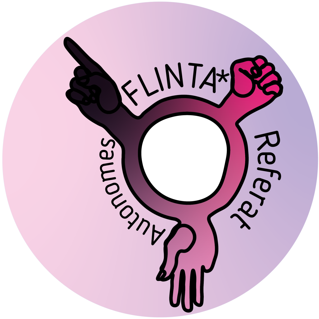 Link zum Instagram des Autonomen Referats für Frauen, Lesben, inter, nichtbinäre, trans, agender und * Studierende an der Uni Kassel. vor einem rosa-fliederfarbenem Hintergrund ist ein Logo aus drei Händen: Eine dunkellila hand hebt den Zeigefinger, eine knallpinke Hand ist zur Faust geballt und eine rosa Hand macht das Stopp-Zeichen. die Arme sind zu einem Kreis verbunden, in dessen Mitte eine weiße Fläche ist.