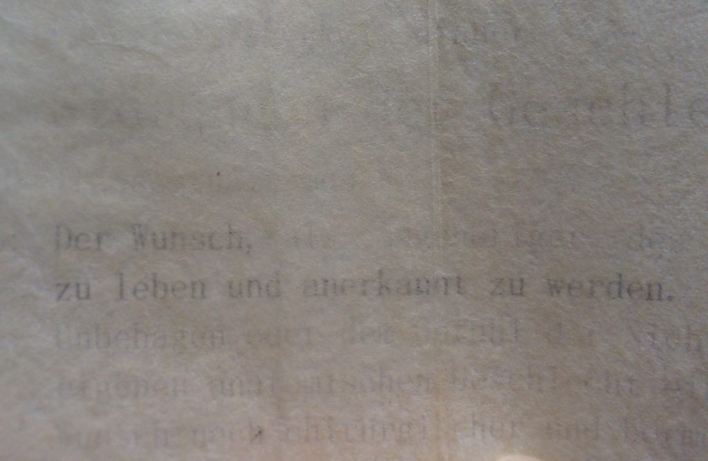 Link zum Buch "m_ein körper". Das Detailbild zeigt einen Text, der von transparentem Papier überdeckt wird. Lesbar bleibt: „Der Wunsch, zu leben und anerkannt zu werden“