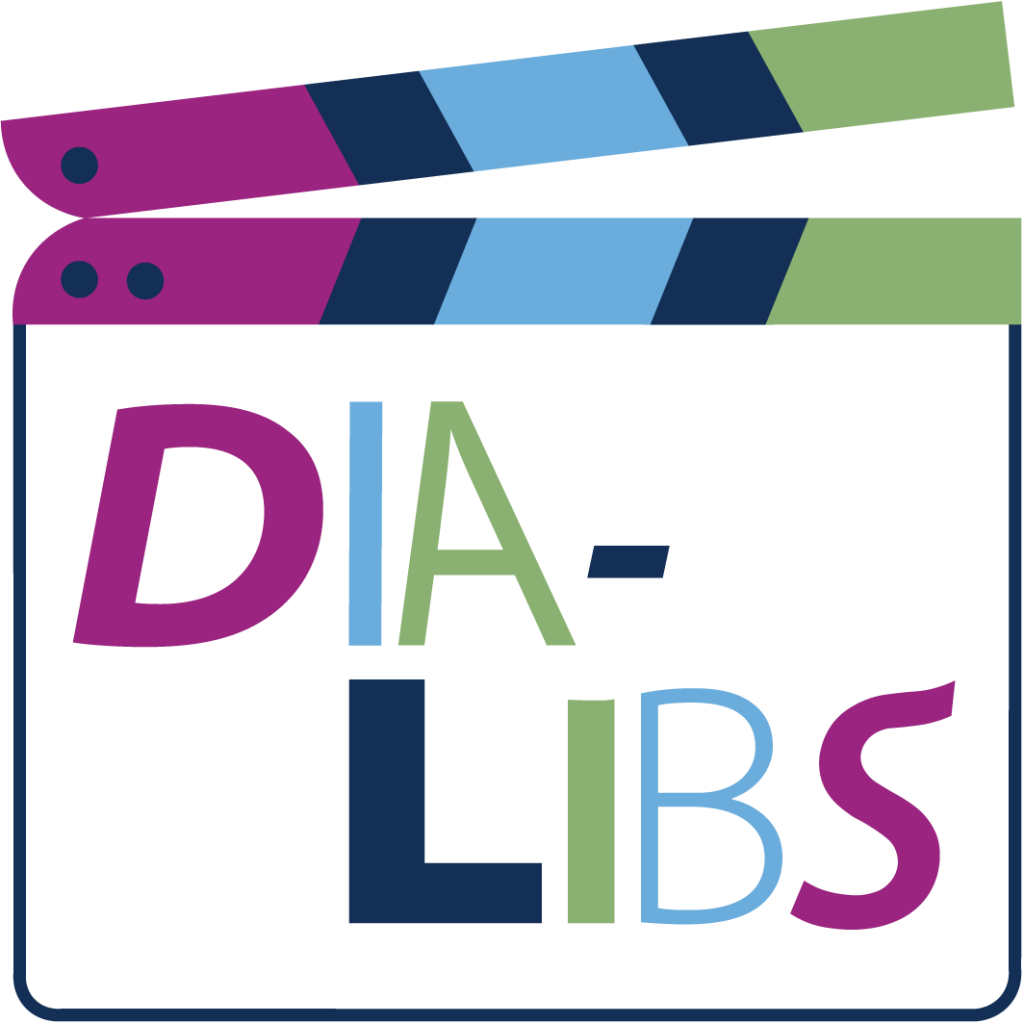 eine Filmklappe mit der Aufschrift: DIA-LIBS. Die Buchstaben sind bunt und verschieden geformt.